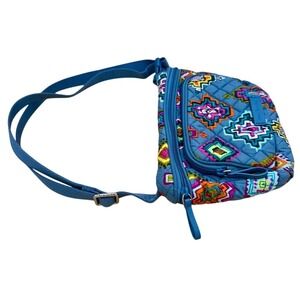 Quilted Blue Crossbody Bag with Colorful Geometric Print